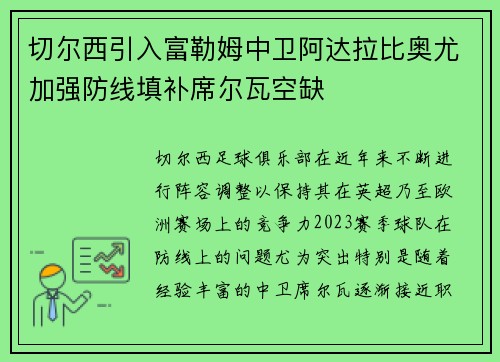 切尔西引入富勒姆中卫阿达拉比奥尤加强防线填补席尔瓦空缺